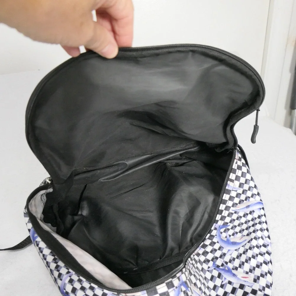 Kids Shark Backpack OS Black White Checkered Skater Streetwear Adventure Travel